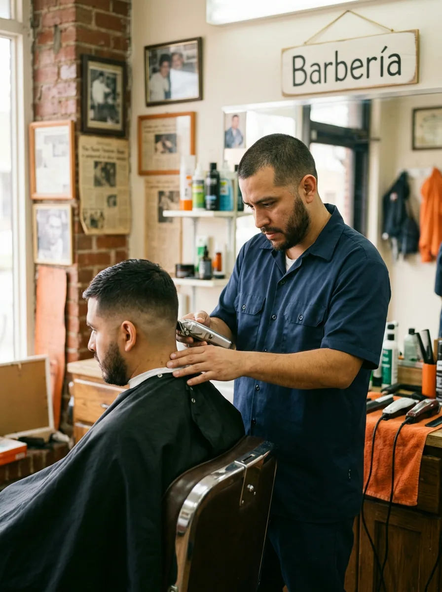 Barbero latino terminando un corte a un cliente en su barbería