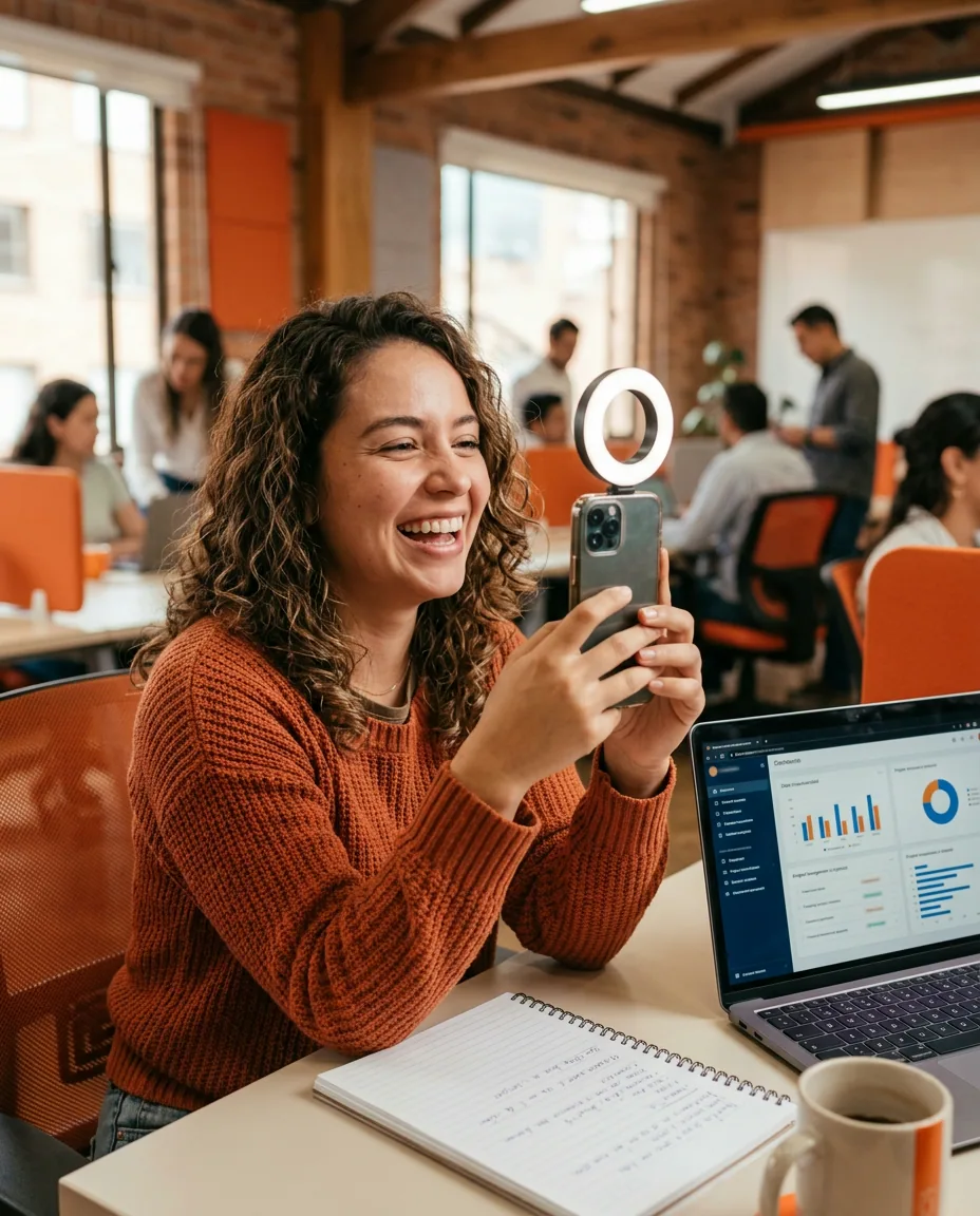 Community manager latina grabando un vídeo vertical con su móvil en un coworking