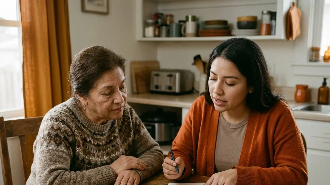 Dos mujeres latinas revisando juntas información en la mesa de la cocina