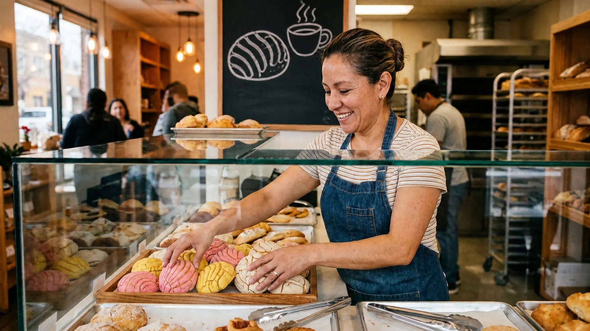 Dueña de una panadería latina en San Francisco acomodando pan dulce en la vitrina