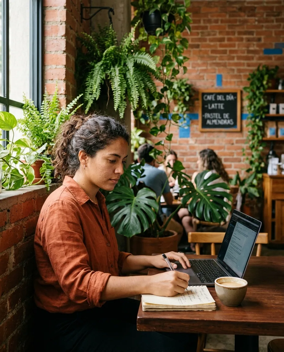 Profesional latina de marketing digital trabajando con su portátil en un café