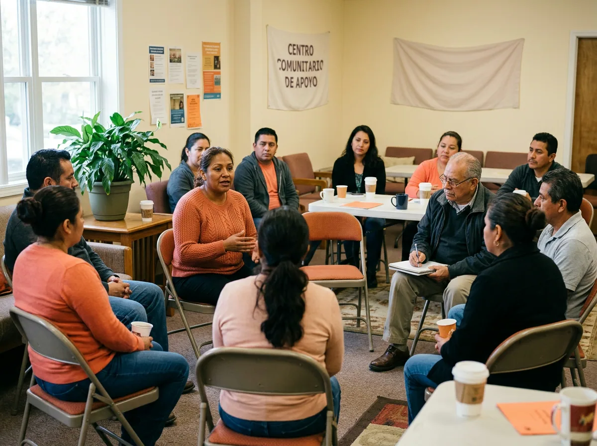 Grupo de latinos conversando en círculo en un centro comunitario