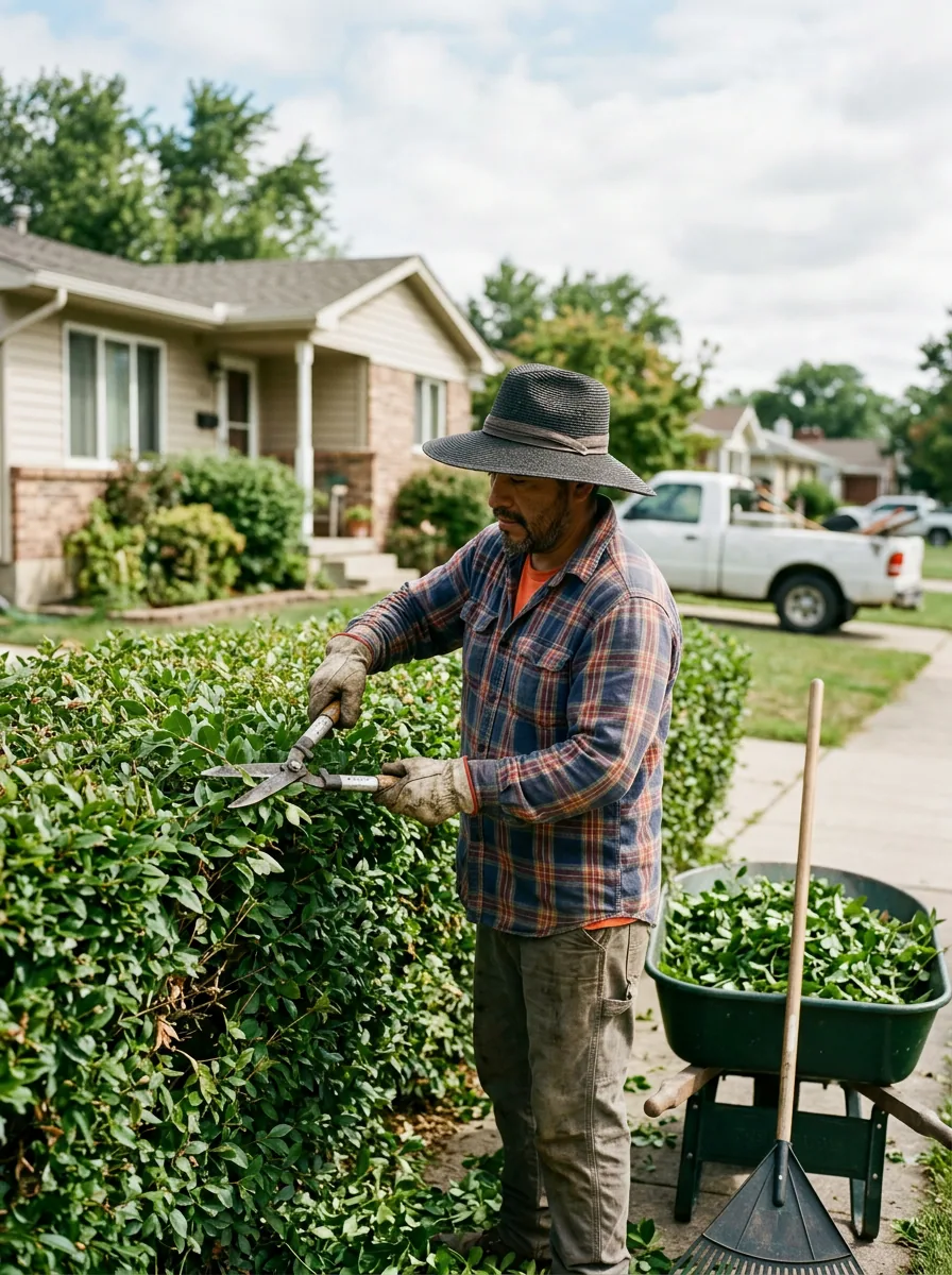 Jardinero latino podando un seto frente a una casa