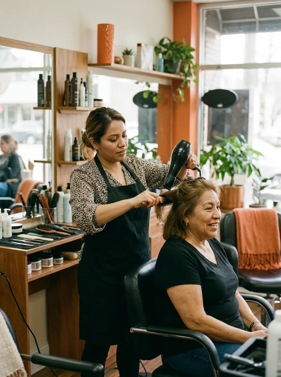 Estilista latina peinando a una clienta en su salón de belleza