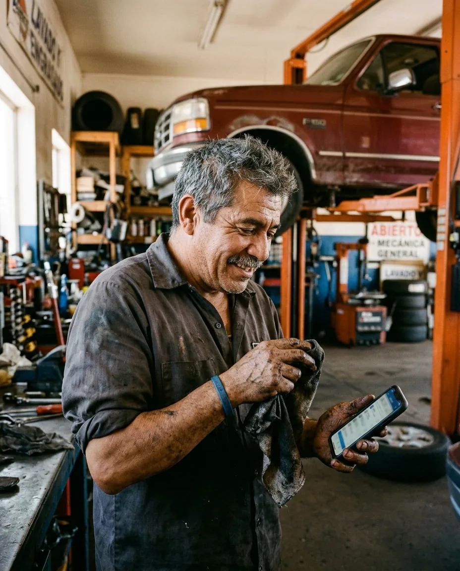 Dueño latino de un taller mecánico revisando su teléfono